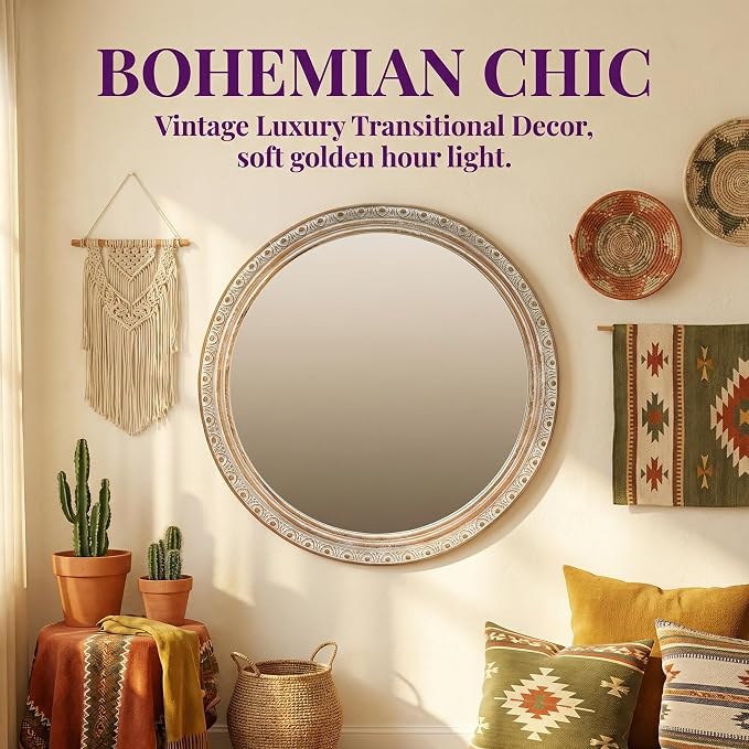 23.62'' Ornate Round Wall Mirror with Distressed Frame & Pre-Installed Hanging, Decorative Mirror with Large Reflective Surface for Bathroom Bedroom Living Room, Ancient White