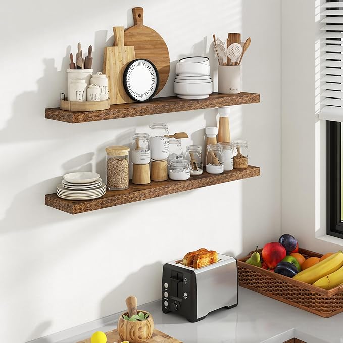 40 Inch Floating Shelves, 8 Inch Deep Floating Shelves for Wall, Hanging Shelf with Invisible Brackets, Deep Shelves for Bathroom, Bedroom, Living Room, Brown, Set of 2