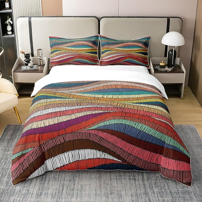 100% Organic Cotton Boho Duvet Cover Queen Bohemian Wavy Bedding Set Rainbow Embroidered Waves Comforter Cover Geometric Tribal Ethnic Bedroom Decor Colorful Abstract Quilt Cover For Adult