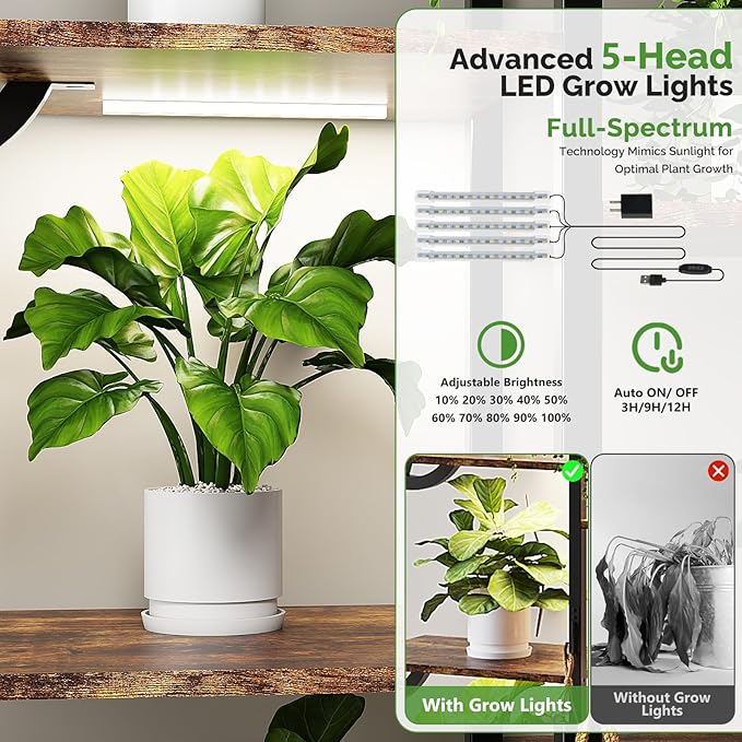 VINGLI Plant Stand Indoor with Grow Lights, 63" Tall 10-Tier Leaf-Shaped Metal Plant Shelf with 5 LED Light Strips, Large Tiered Indoor Plant Stands for Multiple Plants, Modern Decorative Plant Rack for Living Room Balcony, Black