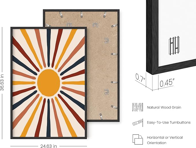 HAUS AND HUES Mid Century Modern Boho Poster - Sun Art Print, Boho Picture for Wall, Centered Yellow Sun Rainbow Rays (Framed Black 24x36)