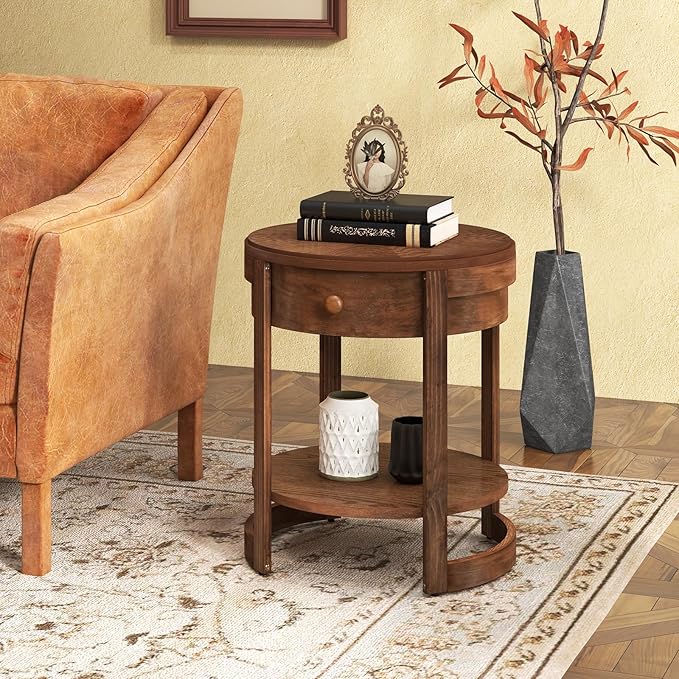 GOFLAME Round Side Table with Drawer, Retro 2-Tier Nightstand with Shelf & Wood Grains, Vintage Wooden Accent Table, Mid-Century Modern End Tables for Living Room, Bedroom, Walnut