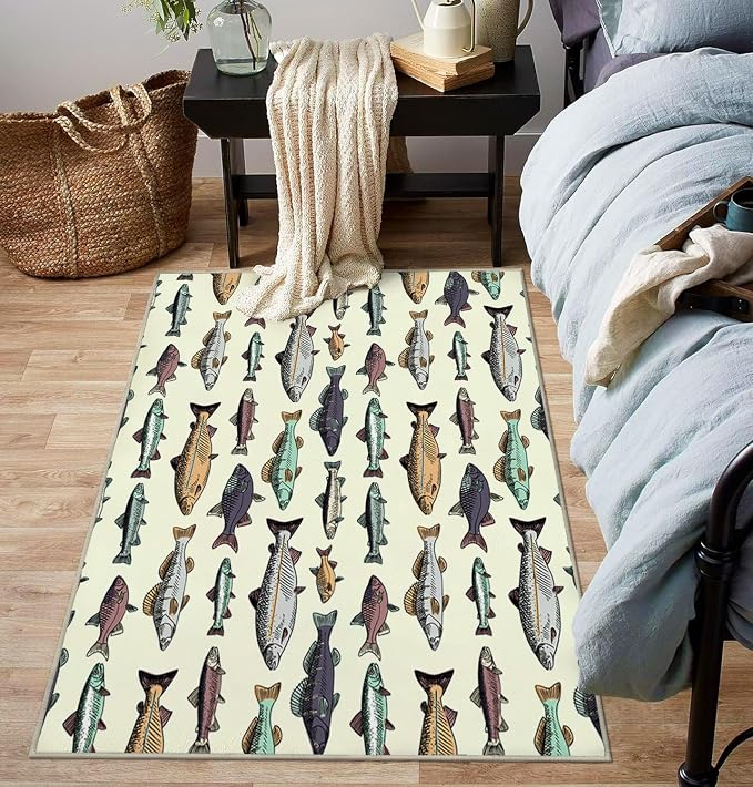Ansouyi Non-Slip 5x7 ft Area Rugs, Washable Rug Carpet for Living Room, Vintage Fishes Trout Salmon Sea Animals Home Decor Rugs