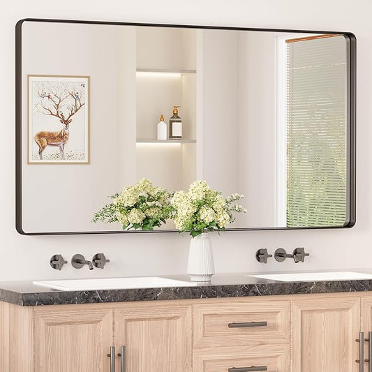 Keonjinn Black Bathroom Mirror - 55 x 30 Inch Large Metal Framed Wall Mirror, HD Tempered Glass, Modern Decorative Mirror (Horizontal/Vertical)