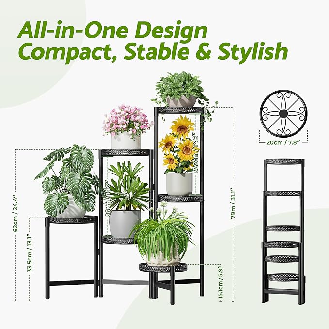Metal Plant Stand Indoor Outdoor, 6 Tier Tall Flower Pot Holder Potted Display Rack Shelf, Heavy Duty Corner Plant Shelf for Patio Garden Balcony Living Room Bedroom - BlackS