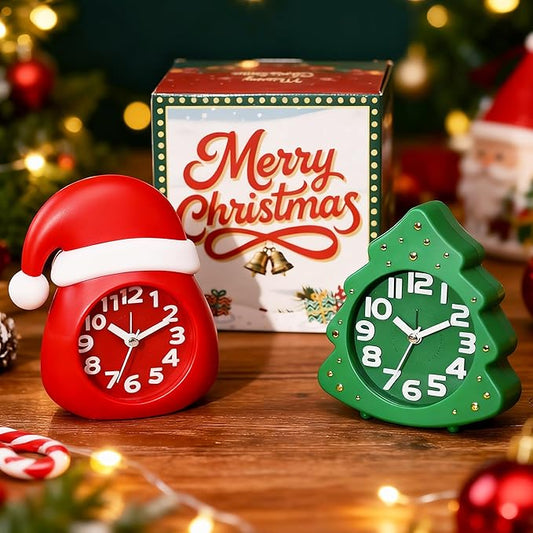 AYRELY® Christmas Alarm Clock Gift Set – 2 Silent Analog Clocks (Santa Hat & Christmas Tree), Ready-to-Gift Holiday Edition for Kids & Family, with Festive Gift Box