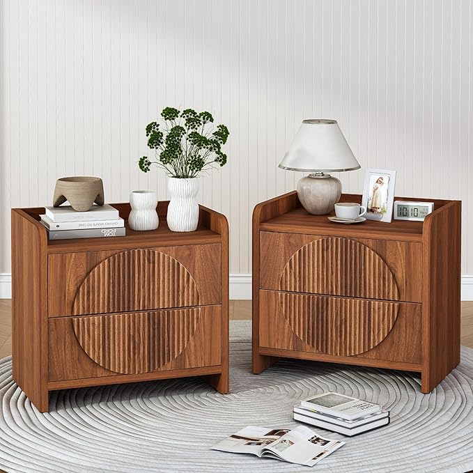 Turtle&Myrtle 24 Inch Wide Fluted Nightstands Set of 2, Large Night Stand with 2 Drawers, Mid Century Modern Bedside Table End Table with Storage for Bedroom Living Room Office (Walnut)