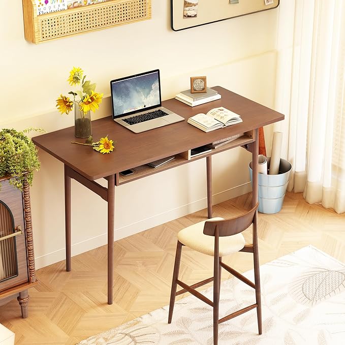 Solid Wooden Desk with Open Storage Cubby - 47.2” Mid Century Modern Desk, Writing Desks for Small Spaces, Rubber Wood Study Table, Home Office Computer Desks for Bedroom & Home, Walnut Color