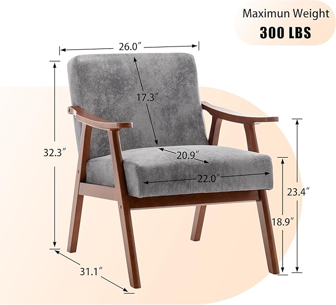 Furnimart Accent Chairs Set of 2, Mid-Century Modern Chair Reading Chairs with Extra-Thick Backrest, Wooden Armchairs for Living Room, Bedroom, Waiting Room, Grey Fabric