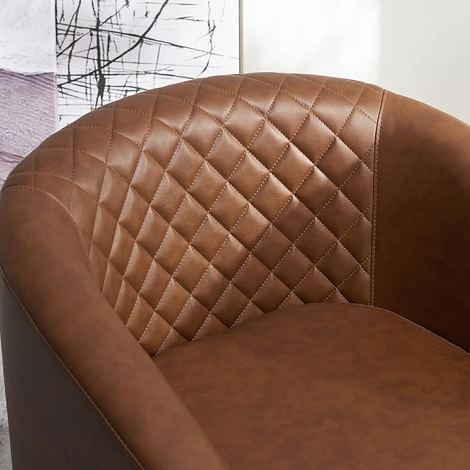 KINWELL 29" Wide Tufted Faux Leather Accent Chair, Small Swivel Barrel Chair, Modern Round PU Leather Upholstered Armchair with Nailhead Trim for Living Room Apartment, Brown