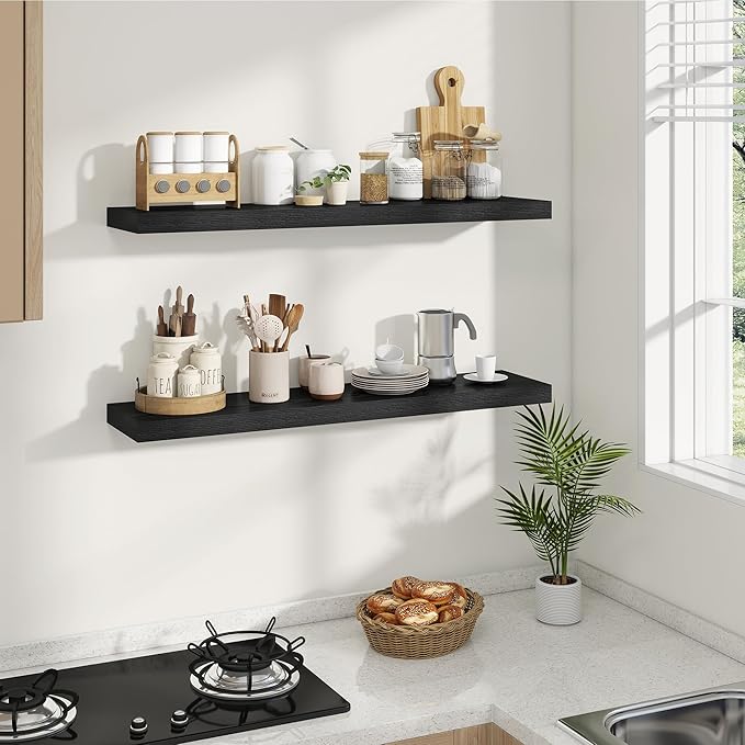 Dreamland Deep Floating Shelves, 8" Deep Long Shelves Set of 2, 40 Inches Floating Shelf for Wall,Large Display & Storage Shelf for Bathroom Bedroom Living Room Kitchen Office, Black