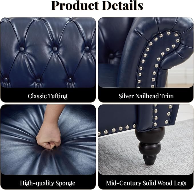LEVNARY Chesterfield Sofa, 3 Seater Tufted Couch for Living Room, Classic Button Tufted Upholstered Sofa, Modern Mid-Century PU Leather Sofa (Blue)
