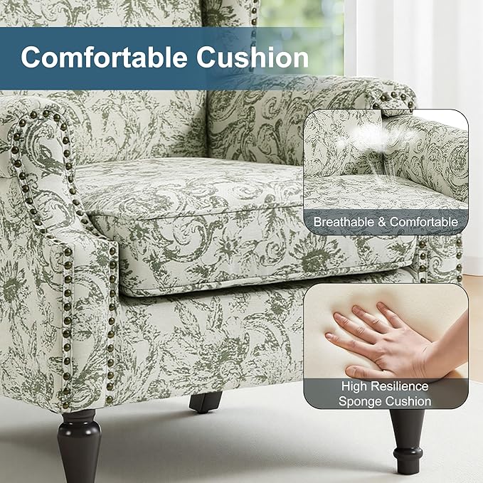 Wingback Chair, High Back Floral Accent Chair in Fabric, Comfy Upholstered Armchair with Nailhead Trim for Living Room, Single Sofa Reading Chair for Small Spaces, Bedroom-Rococo Green