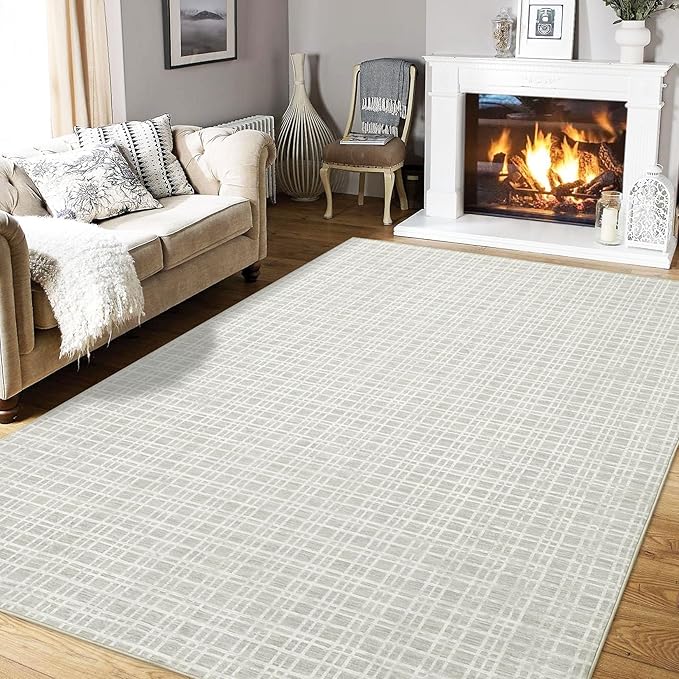 Washable Area Rug 6x9 Rug for Living Room Modern Large Area Rug for Bedroom Aesthetic Plaid Rug Non Slip Floor Cover Soft Low Pile Stain Resistant Carpet for Classroom Nursery 6'x9' Light Grey