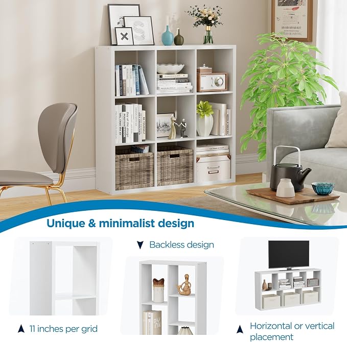 9-Cube Storage Organizer, Wooden Cube Shelf Bookcase with Reinforced Thick Shelves, Heavy-Duty 36.93" L x 9.37" W x 36.93" H, for Living Room Bedroom Home Office, White