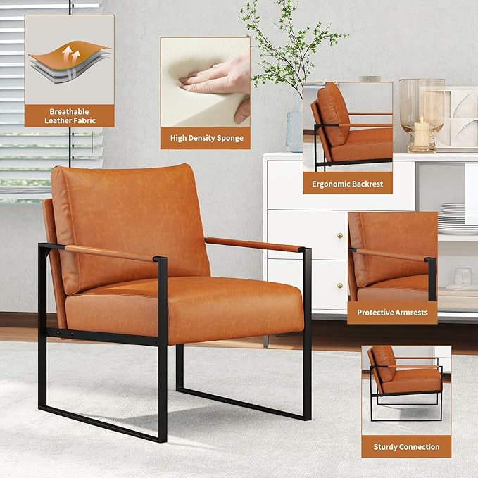 CANMOV Modern Accent Chair Set of 4, PU Leather Armchair with Metal Frame,Comfy Single Reading Chair with Soft Padded Backrest and Cushion for Living Room, Bedroom,Reading Room,Office,Brown