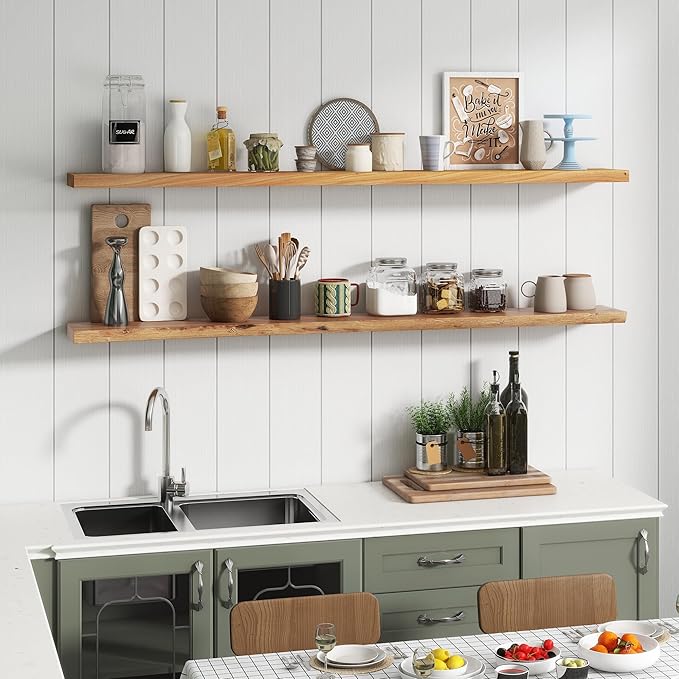 Reclaimed Elm Wood Floating Shelf for Wall, Live Edge 72" W x 9.2" D x 1.4" H, 1 Pack Large Invisible Wall Mounted Shelf for Living Room Bedroom Kitchen Bathroom Decor, Natural Finish