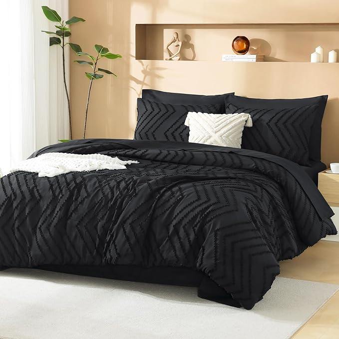 Litanika Super King Plus Size Comforter Set with Sheets Black - 7 Pieces Bed in a Bag Oversized King Boho Tufted Complete Bedding Sets with Comforter, Sheets, Pillowcases & Shams