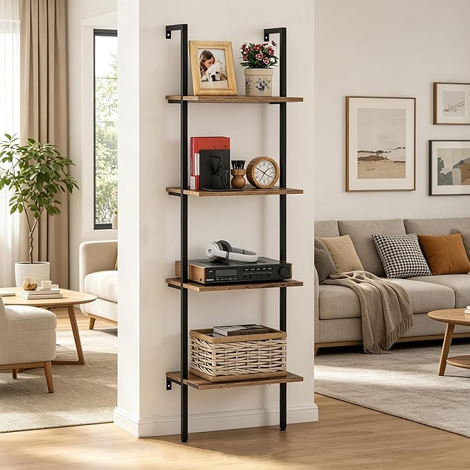 Wolawu Ladder Shelf 4 Tiers Metal Industrial Bookshelf,Brown Wood Tall Open Storage Rack and Display Shelves,Wall Mount Wide Book Case for Home Office Bedroom,Small