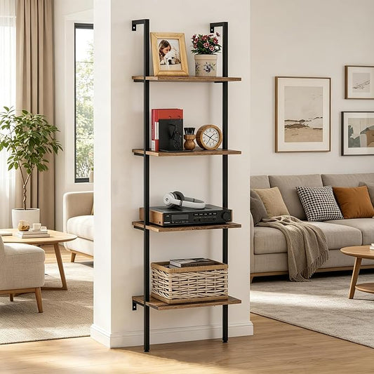 Wolawu Ladder Shelf 4 Tiers Metal Industrial Bookshelf,Brown Wood Tall Open Storage Rack and Display Shelves,Wall Mount Wide Book Case for Home Office Bedroom,Small