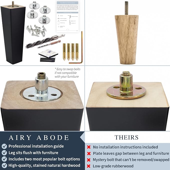 Airy Abode Premium Black Square Furniture Legs (Full Install Kit) - Pick Your Size and Color