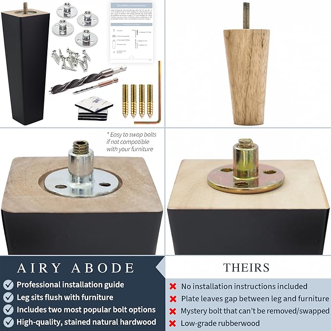 Airy Abode Premium Black Square Furniture Legs (Full Install Kit) - Pick Your Size and Color