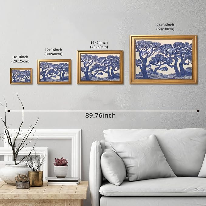 Vintage Oak Tree Prints Linocut Forest Canvas Wall Art Blue Woodland Landscape Painting Posters Botanical Wall Decor Moody Tree Poster Large Nature Art Print for Living Room 24x36inch Golden frame