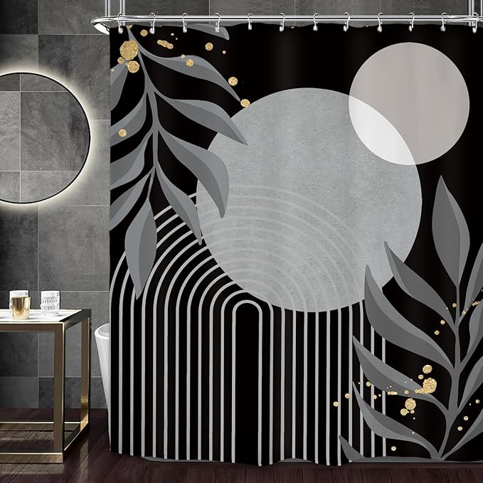 Miyotaa Abstract Black Gray Shower Curtain Set 60Wx71H Inches Modern Geometric Minimalist Aesthetic Mid Century Leaves Contemporary Neutral Waterproof Bathroom Curtain with 12 Hooks