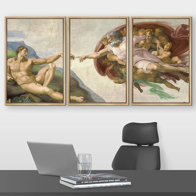 wall26 Framed Canvas Print Wall Art Set Creation of Adam by Michelangelo Cultural Historic Oil Painting Fine Art Reproduction Scenic Colorful for Living Room, Bedroom, Office - 16"x24"x3 Natural