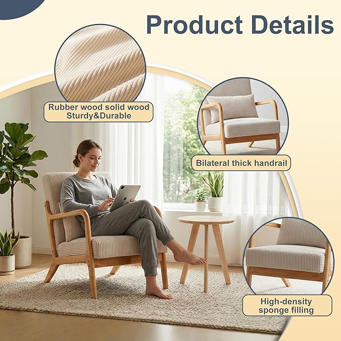 Accent Chairs with Side Table, Mid Century Modern Chair with Pillow, Arm Chair with Solid Wood, Reading Relaxing Leisure Chair for Living Room, Waiting Room, Beige