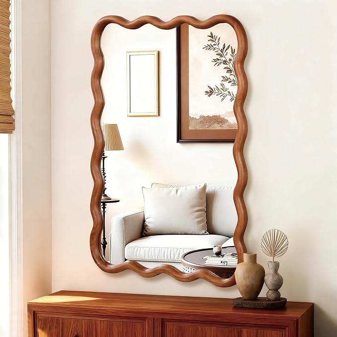 36x24 Inch Wooden Wavy Rectangle Wall Mirror, Modern Solid Wood Frame Decorative Accent Mirror for Bedroom, Bathroom, Living Room, Entryway, Yellowish Brown