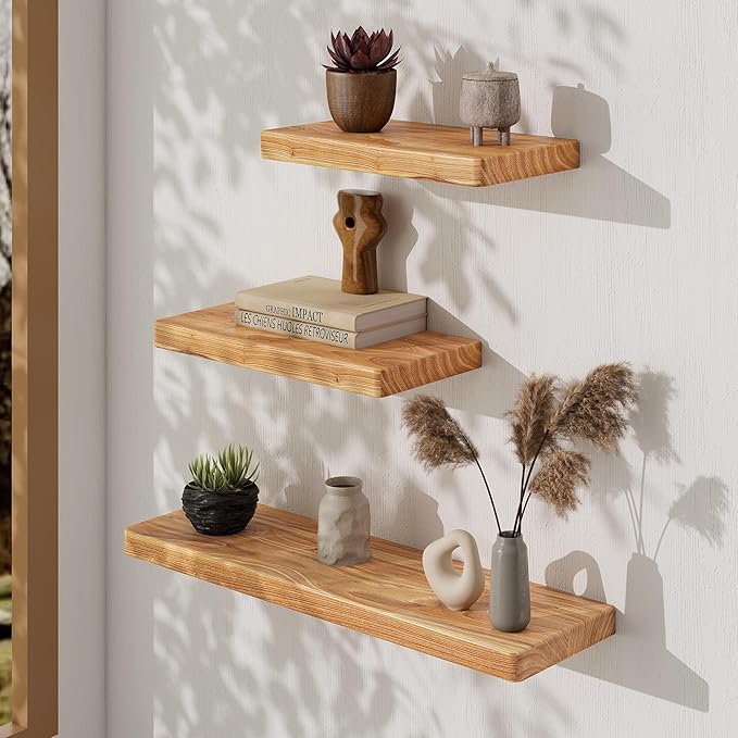 Fun Memories Rustic Solid Elm Wood Floating Shelves, 18" W x 8" D Floating Shelf Wall Mounted, 8 Inch Deep Wall Shelves, Wooden Bathroom Shelf for Home, Deep Bookshelf for Living Room, Set of 2