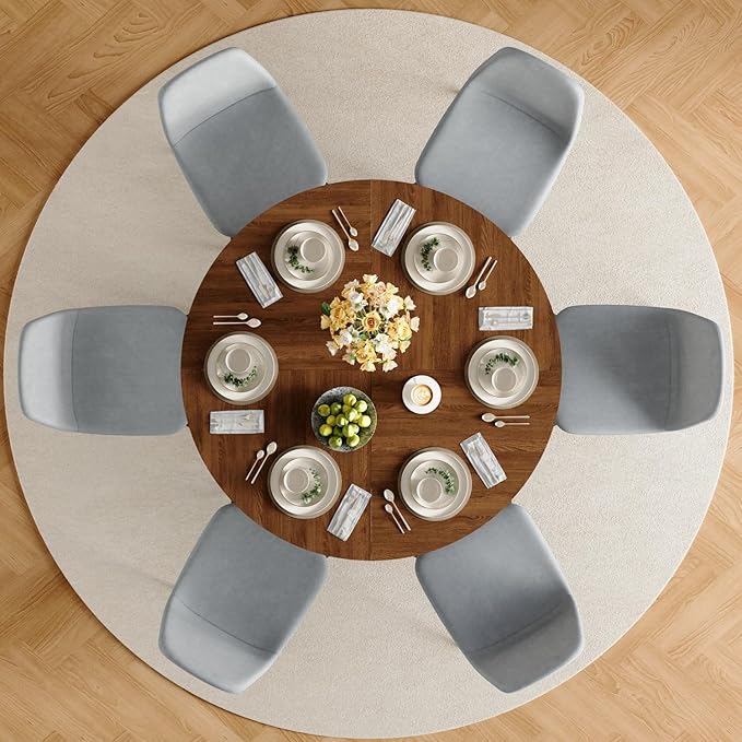 47" Round Dining Table Set for 6, Walnut Wood Grain Table and 6 Light Gray Linen Upholstered Chairs Set, Mid Century Modern Kitchen Table Set with Cross Legs