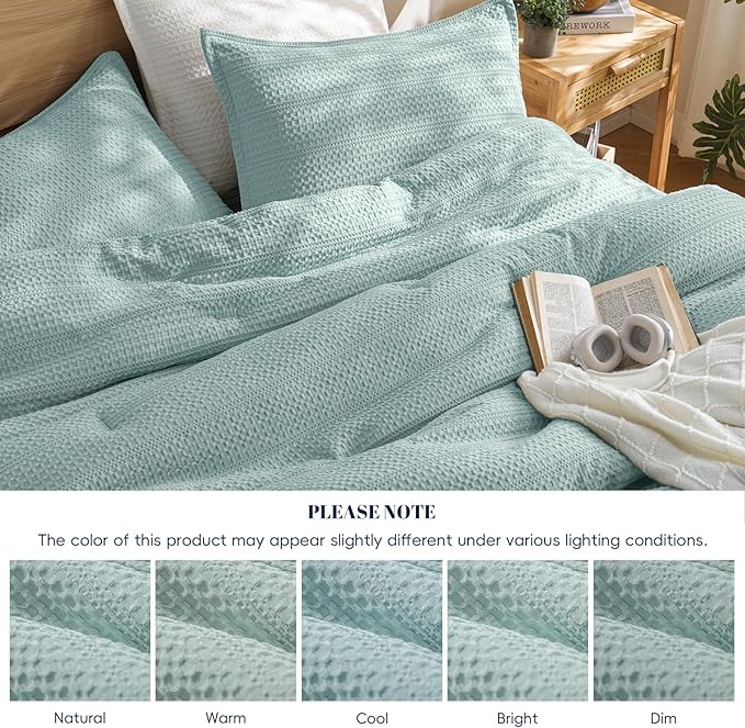 PHF Soft Waffle Comforter Set Queen Size- Comfy Breathable Waffle Weave Comforter with 2 Pillow Shams, 3 Pieces Less Snagging Lightweight Textured Bedding Set for All Season, Aqua