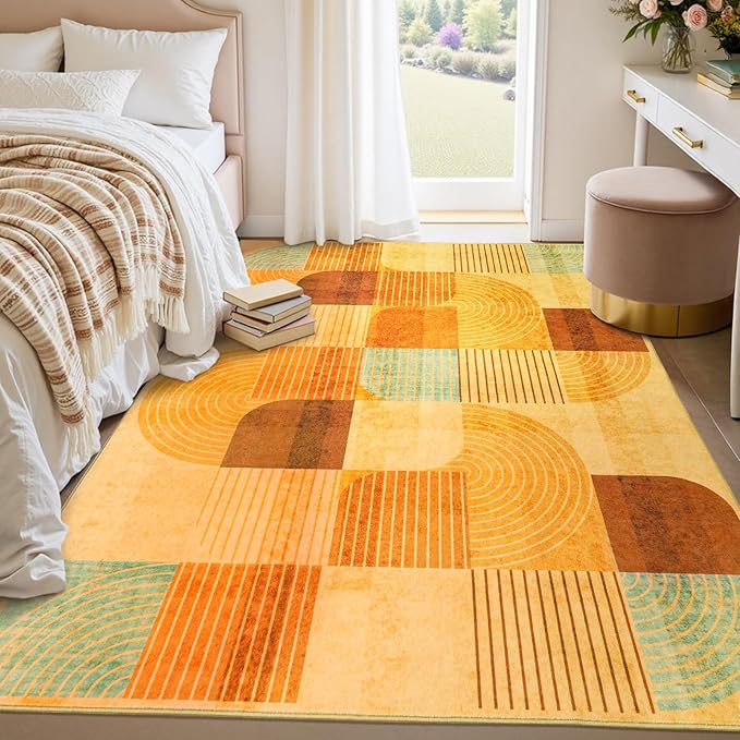 5x7 Area Rugs for Living Room, Soft Modern Geometric Rug for Bedroom, Washable Non-Slip Indoor Floor Abstract Carpet for Dining Room Nursery Home，Multi/Orange