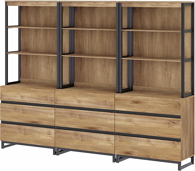 WAMPAT 3 PCS Modern 72" Tall Bookcase with 9 Drawers and Open Book Shelfs, Library Book Shelf with Storage Cabinet and Metal Base, Wood Freestanding Bookshelves for Home Office, Living Room, Oak