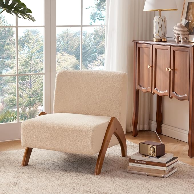Oversized Accent Chair, upholstered armless mid Century Modern Living Room Chair with Wooden Legs for Bedroom/Office/Cafe, Sherpa Beige
