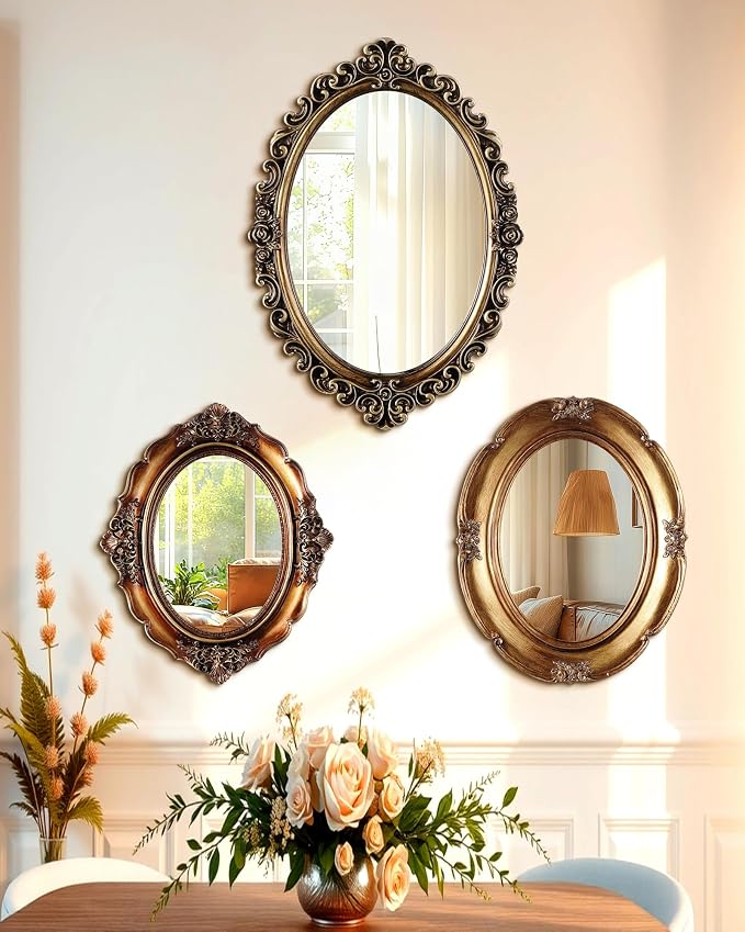 Wonderjune 3 Pcs Vintage Gold Mirror Set for Wall Decorative Resin Frame Ornate Antique Hanging and Tabletop Mirror for Home Dresser Gallery Decor Photography Props Gift (Retro Style)