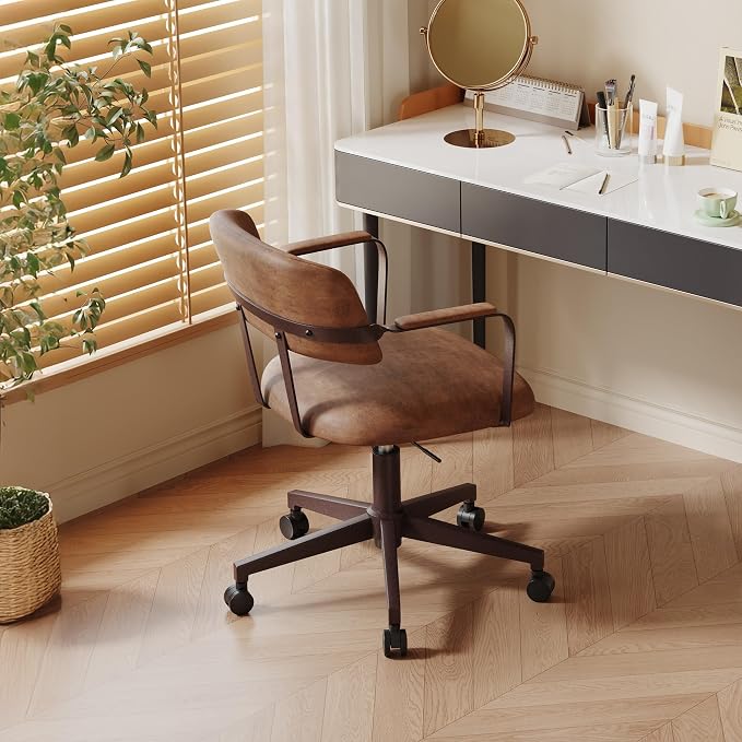 Home Office Desk Chair, Mid-Century Modern Desk Chair with Padded Arms, Adjustable Seat Height, Mid Back 360° Small Computer Chair with Mobile Mute Wheel, PU Leather (Brown,2BOX)