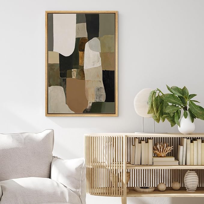 MUDECOR Framed Canvas Print Wall Art Earth Tone Green & Beige Abstract Shapes Illustrations Fine Art Mid-Century Modern Multicolor for Living Room, Bedroom, Office - 16"x24" NATURAL