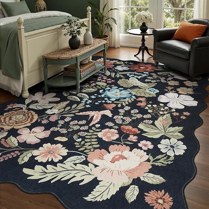 DCX Black Floral Rug 4x6, Washable Black Rug for Living Room, Kid & Pet Friendly with Rubber Back Non Slip, Soft Low Pile Carpet, Stain Resistant Rug for Bedroom, Nursery, Dining Room