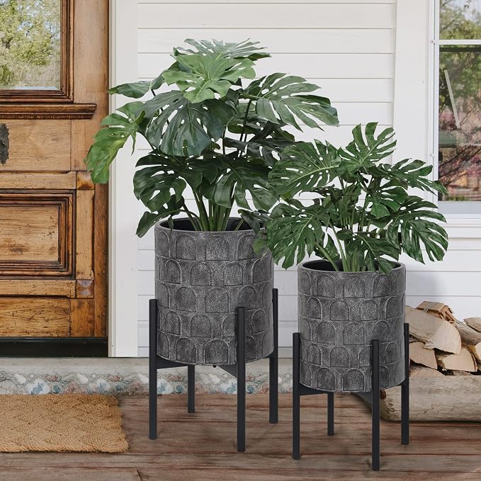 Oakrain Planters for Indoor Plants, Set of 2 Modern Planter with Stand, Decorative Metal Planter Pots for Living Room, Office, Garden, Balcony, 8"&10", Rustic Gray