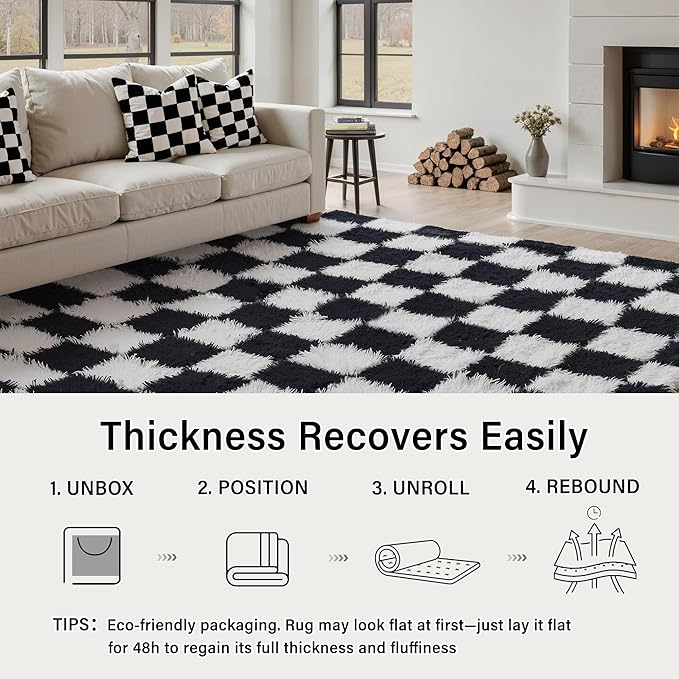 Checkered Rug 6x9 for Living Room, Black and White Modern Shag Rug Washable Non-Slip Large Area Rug Super Soft Indoor Fuzzy Carpet Fluffy Rugs for Bedroom Home Aesthetic Decor