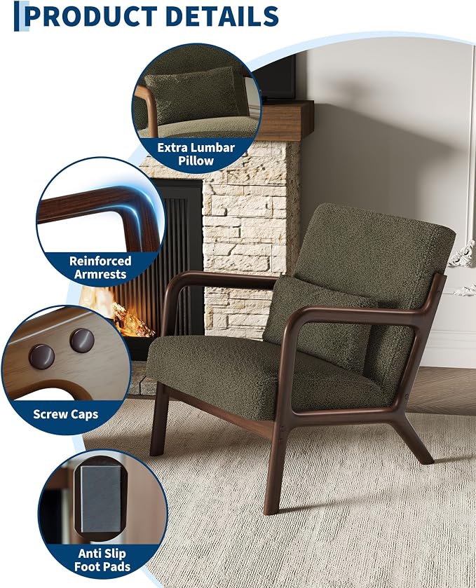 Garvee Mid-Century Modern Accent Chair, Sherpa Upholstery, Solid Wood Armchair with Removable Lumbar Pillow, Sturdy Reading Chair for Living Room, Bedroom, Guest Room, Easy Assembly, Green