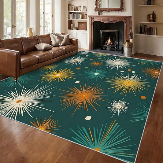 Abstract Atomic Rugs for Living Room Decor, 4x5 ft, MCM Geometric Starburst Area Rugs for Bedroom, Soft Non Slip Washable Mid Century Modern Carpet Home Decorations D-g48