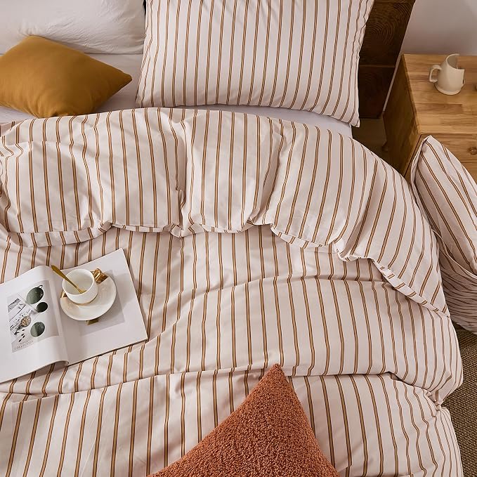 Merryword Striped Duvet Cover Set Queen Size 3 Pieces 100% Cotton Duvet Cover Set with Beige and Terracotta Vertical Stripe Design,Soft Lightweight Reversible Bedding Set for All Seasons