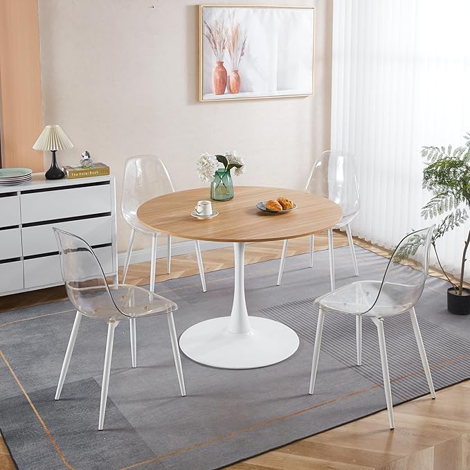 Round Dining Table, Modern Tulip Kitchen Table with Thickened Tabletop & Sturdy Pedestal Base, Tulip Shape Table for Small Places, Office, Cafe (Oak, 42.1 inches)