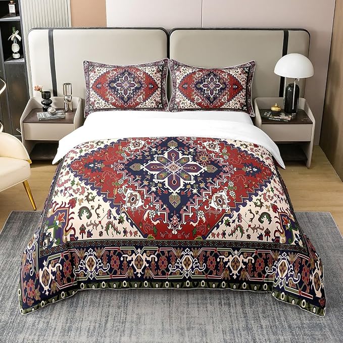 100% Organic Cotton Tribal Pattern Duvet Cover Queen Exotic Geometric Lattice Bedding Set Set Boho Red Green Square Grid Quilt Cover Retro Bohemian Room Decor National Abstract Quilt Cover