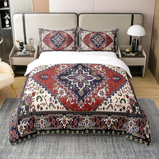 100% Organic Cotton Tribal Pattern Duvet Cover Queen Exotic Geometric Lattice Bedding Set Set Boho Red Green Square Grid Quilt Cover Retro Bohemian Room Decor National Abstract Quilt Cover