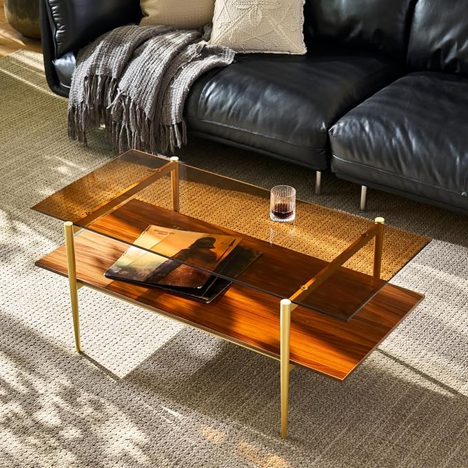 Saint Mossi Tadio Double Layer Glass Coffee Table for Living Room, Brown Glass & Coffee Brown MDF Bottom Shelf | Double Layer, for Living Room, Bottom Shelf